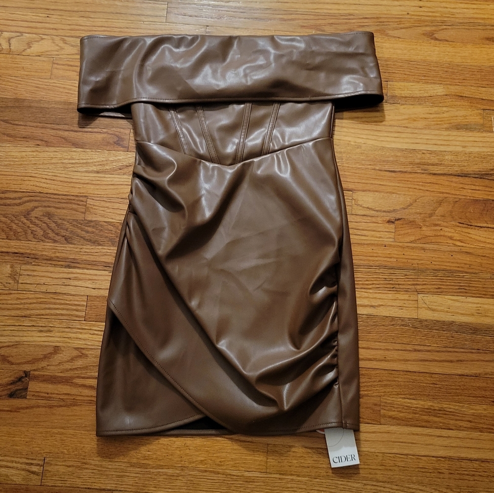 CIDER Brown Faux Leather off the shoulder dress